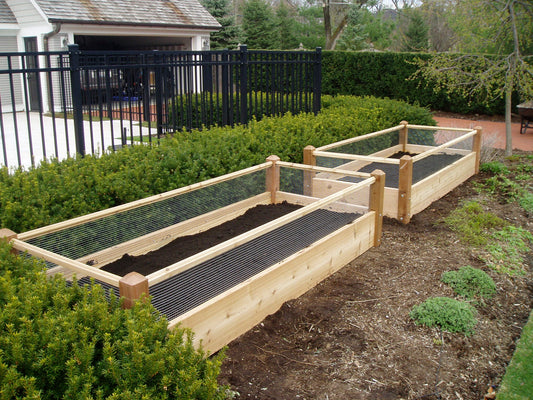 Two Raised Garden Beds with Rabbit Railing 4X10X2